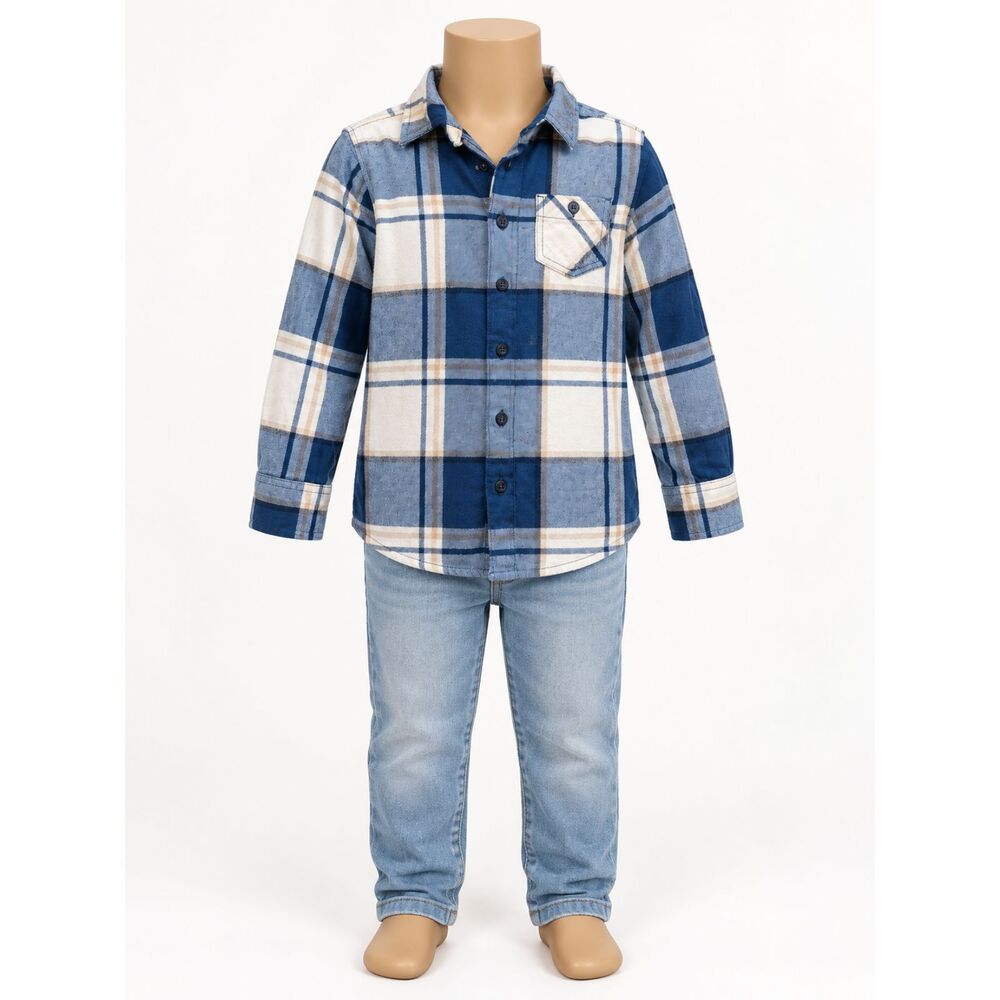 Wonder Nation Boys Plaid Flannel Shirt XS 4-5 Blue Cream Button Down